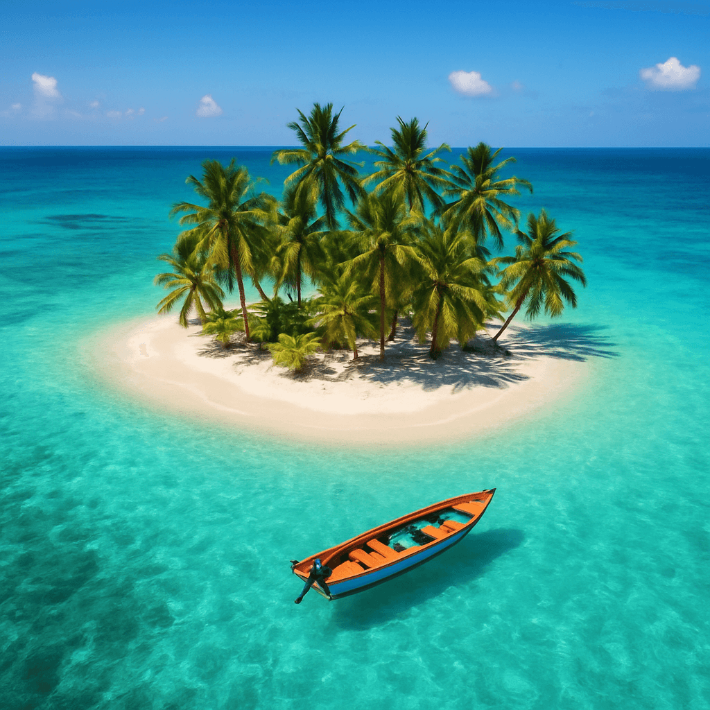 Idyllic palm island in turquoise water in Panama