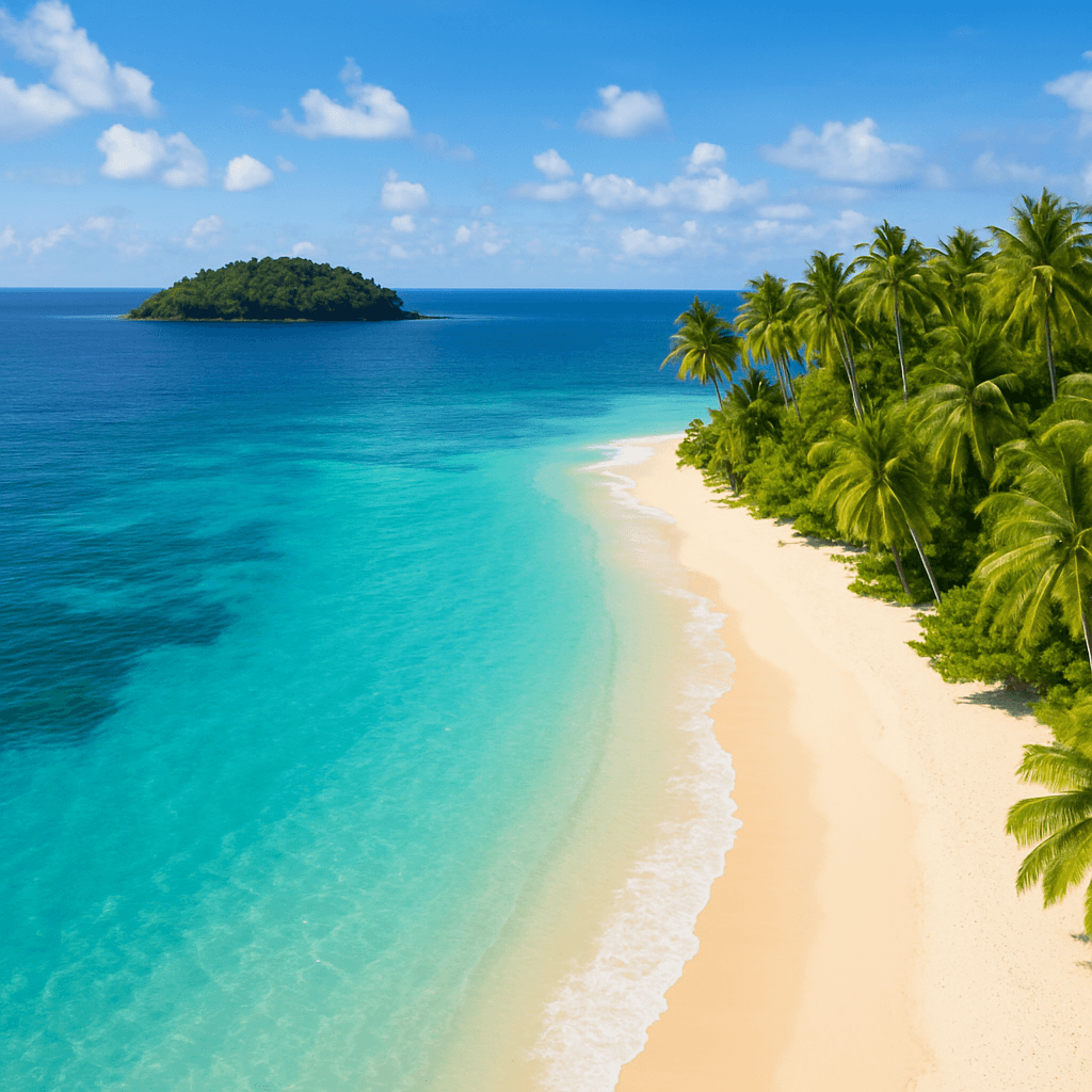 Turquoise Caribbean waters and palm-lined beach in Panama