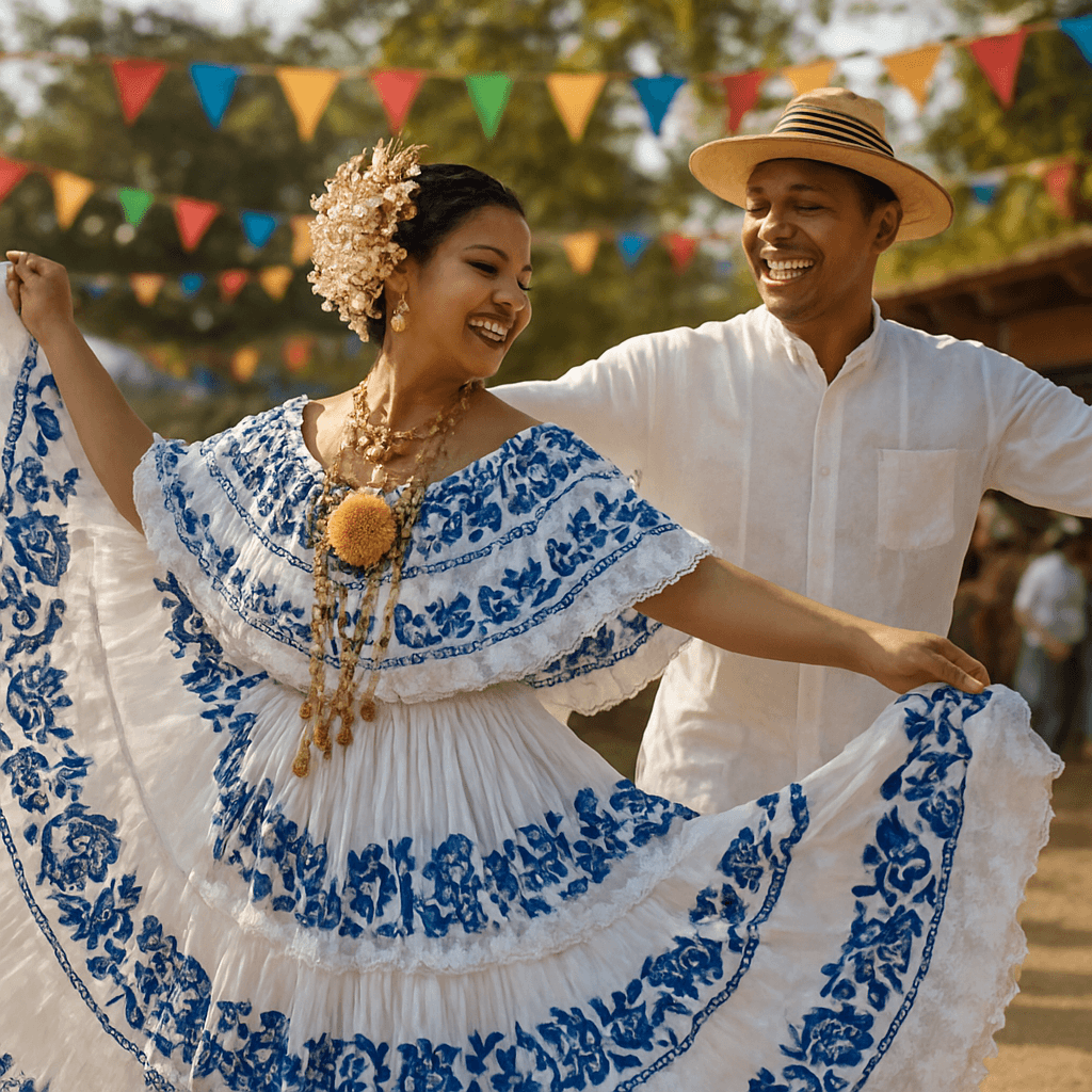 Panamanian folk dancers in traditional pollera dress