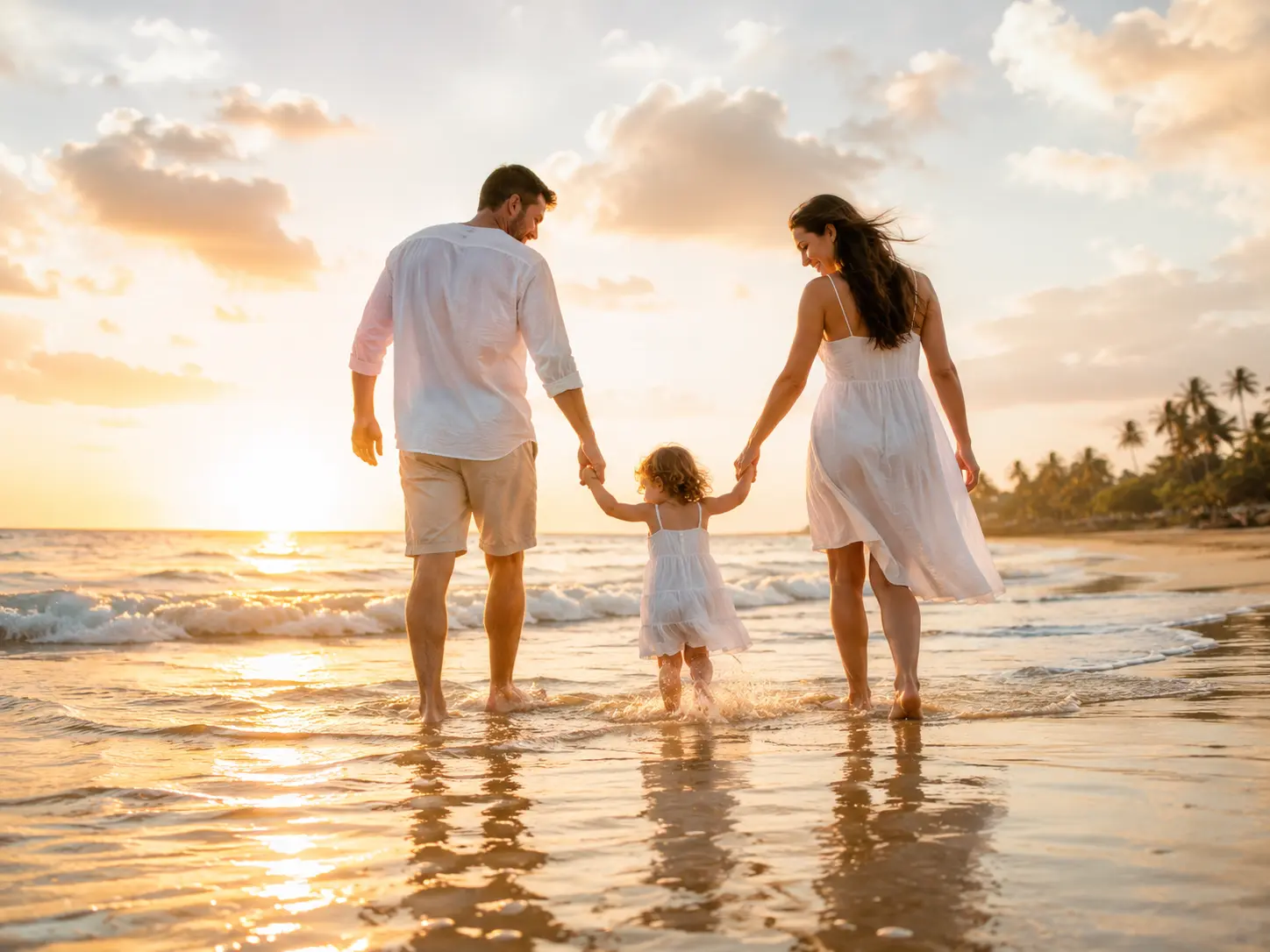 Una familia caminando junta a la orilla del agua en una playa de Panamá