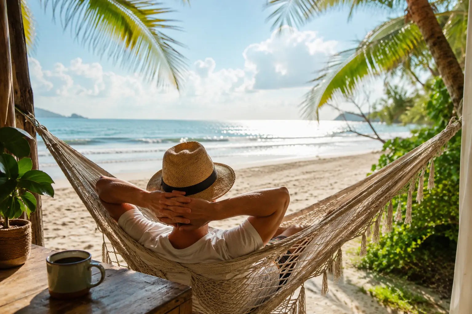 Un viajero relajándose en una hamaca con un café, contemplando el mar en Panamá