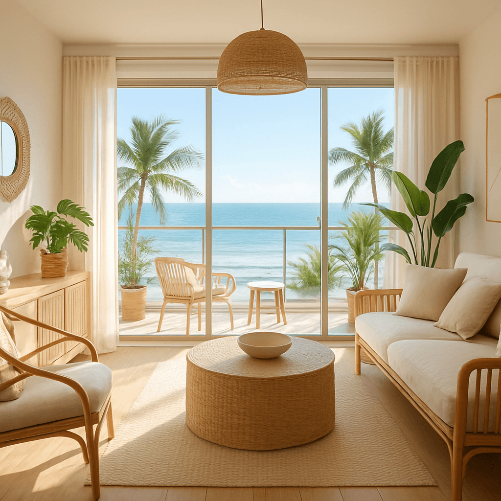 Bright beachfront vacation apartment interior with ocean view