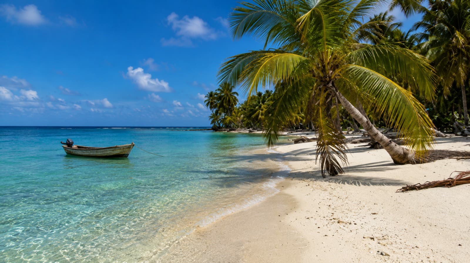 Tropischer Strand mit einem Boot in Panama